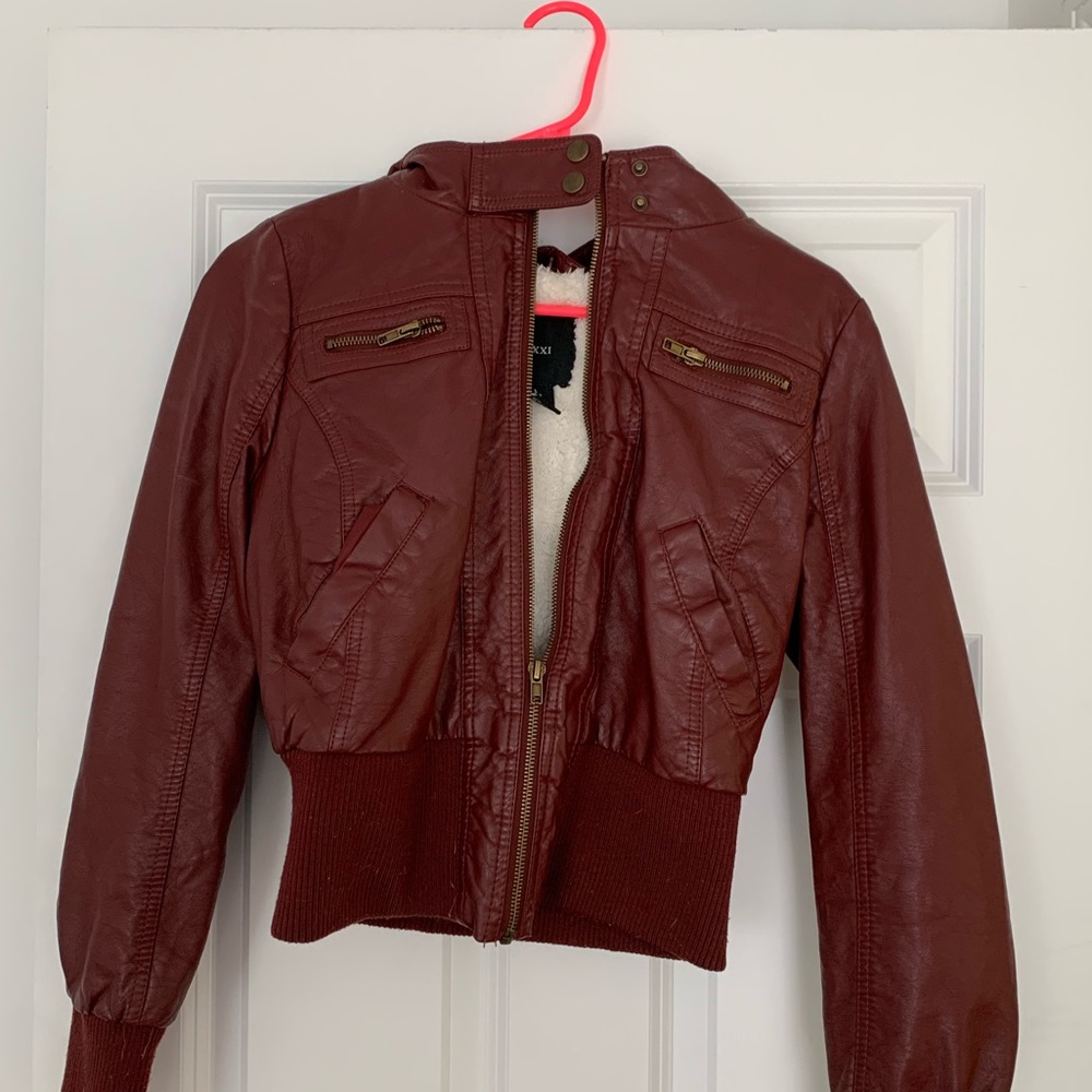 Red leather crop bomber